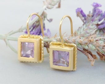 18k gold Purple Amethyst earrings, Drop earrings, Squared bezel dangle earrings