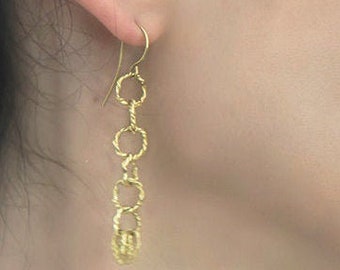 Long gold hoops earrings, 18k Gold dangle earrings, Yellow gold bride earring