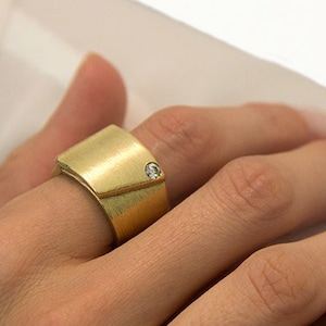 Wide wedding diamond band, 18k Gold diamond cigar ring, Matte textured gold band