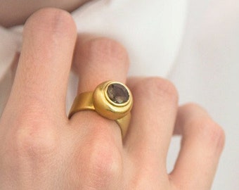 Smoky quartz gold ring, 18k Yellow gold women ring, Statement band,  Alternative engagement band
