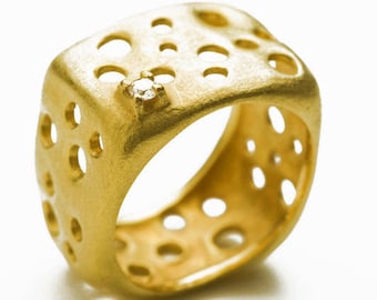 Statement Square gold band with holes, 18k yellow gold contemporary ring and diamond, Wide Gold diamond band