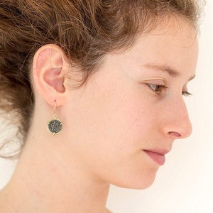 Ancient roman coin earrings, 18k gold dangle earrings, Gold oxidized silver coin earrings, Gold black drop earrings, Minimal gold earrings image 8