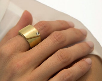 18k gold wide wedding band, Contemporary Statement ring,  Extra  wide band, 18k gold Diamond ring