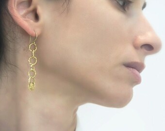 Long gold hoops earrings, Yellow gold bride earring, 18k Gold dangle earrings, Wedding earrings