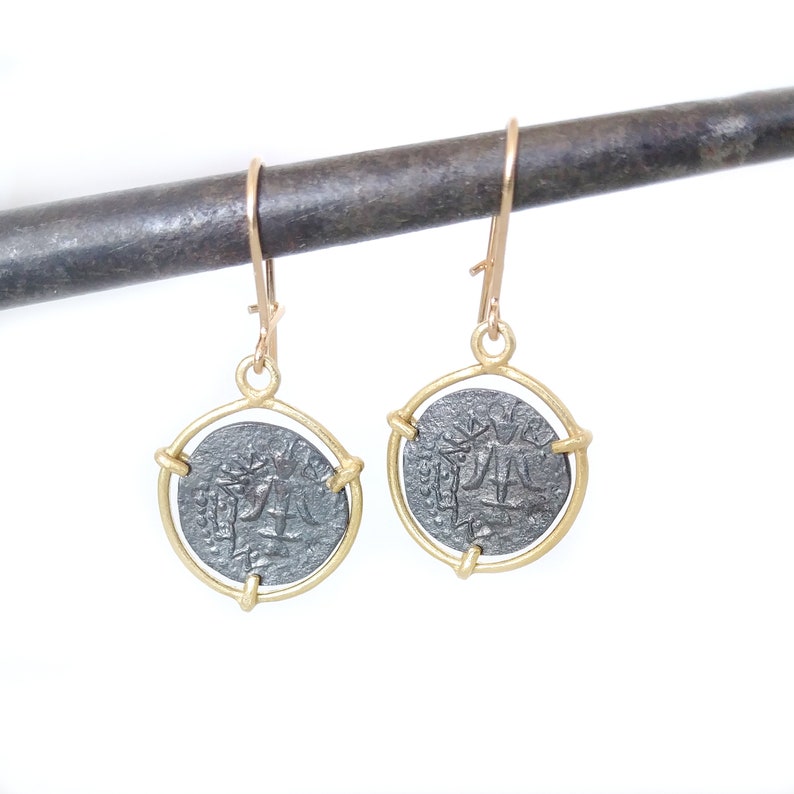 Ancient roman coin earrings, 18k gold dangle earrings, Gold oxidized silver coin earrings, Gold black drop earrings, Minimal gold earrings image 1