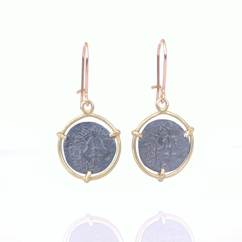 Ancient roman coin earrings, 18k gold dangle earrings, Gold oxidized silver coin earrings, Gold black drop earrings, Minimal gold earrings image 5