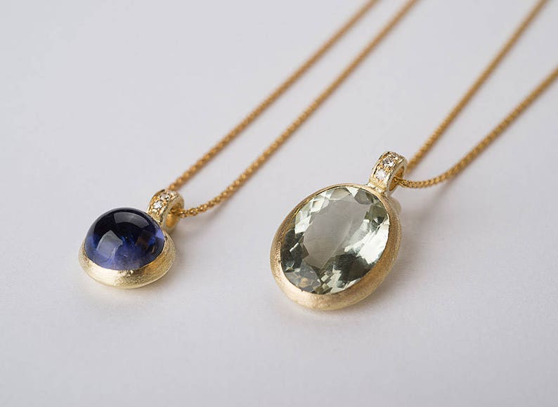 14k gold Green amethyst necklace, 14k gold pendant necklace, Diamonds pendant, 14k gold wheat necklace, image 6
