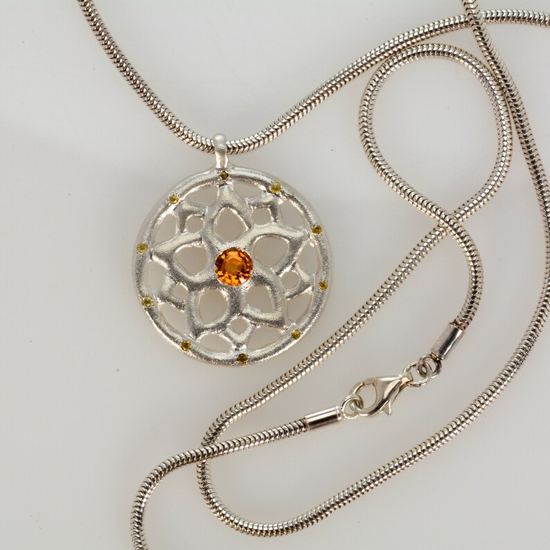 Sterling silver Mandala Pendant Necklace, Yellow Sapphire and diamonds Pendant, Silver cluster Mandala Necklace image 4