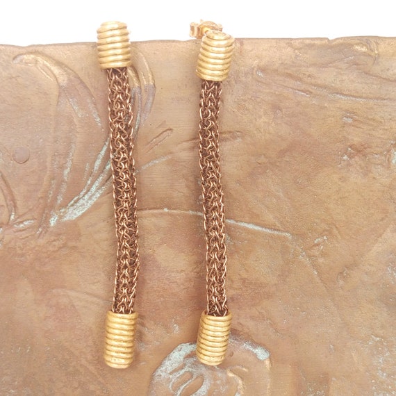 18k gold earrings Long gold crochet earrings Dangle bar Etsy