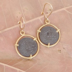 Ancient roman coin earrings, 18k gold dangle earrings, Gold oxidized silver coin earrings, Gold black drop earrings, Minimal gold earrings image 9