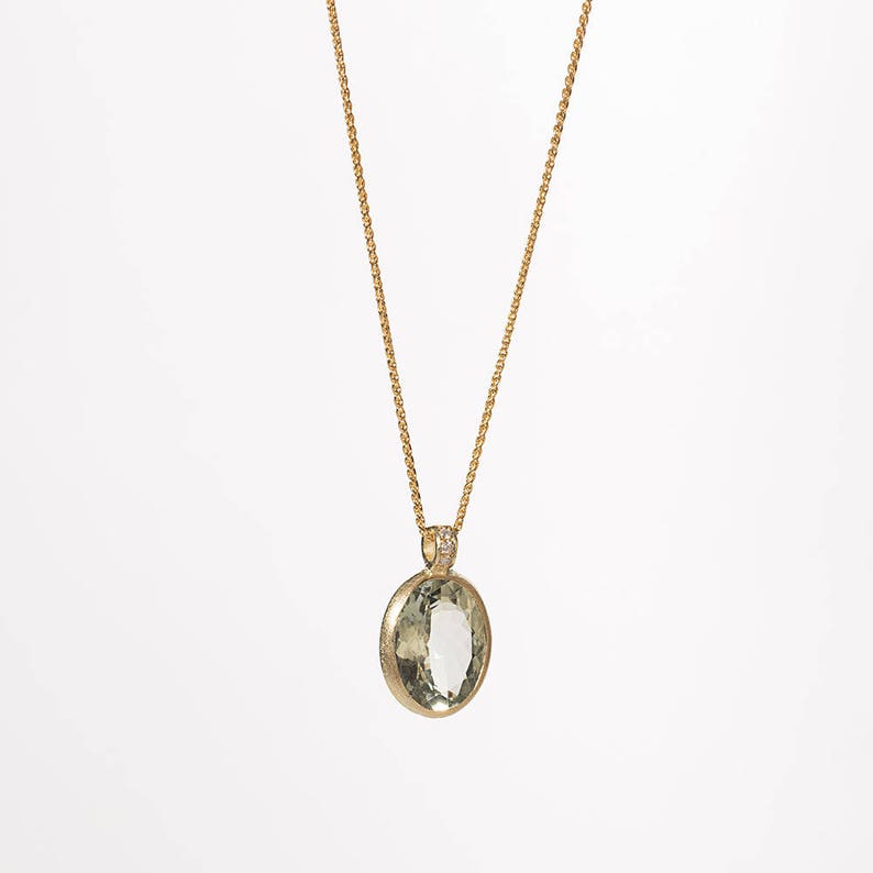 14k gold Green amethyst necklace, 14k gold pendant necklace, Diamonds pendant, 14k gold wheat necklace, image 4