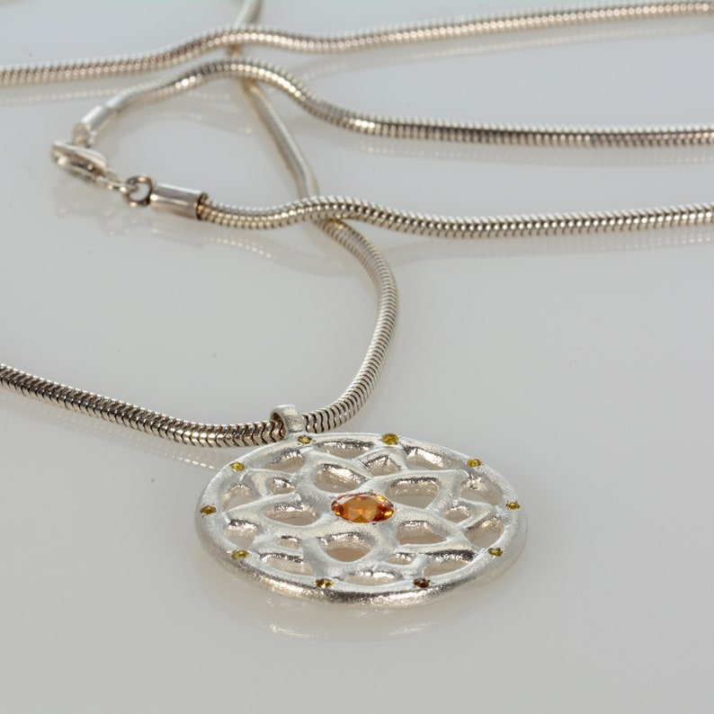 Sterling silver Mandala Pendant Necklace, Yellow Sapphire and diamonds Pendant, Silver cluster Mandala Necklace image 8