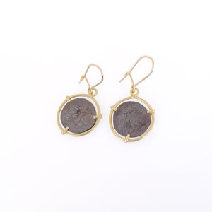 Ancient roman coin earrings, 18k gold dangle earrings, Gold oxidized silver coin earrings, Gold black drop earrings, Minimal gold earrings image 6