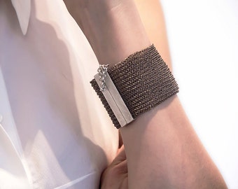 Wire Crochet Cuff Bracelet: Gray Copper, Silver Lock Statement Jewelry