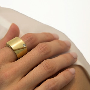 18k Gold wide diamond ring, 18k Engagement ring, Brushed gold band,  Extra Wide Statement ring