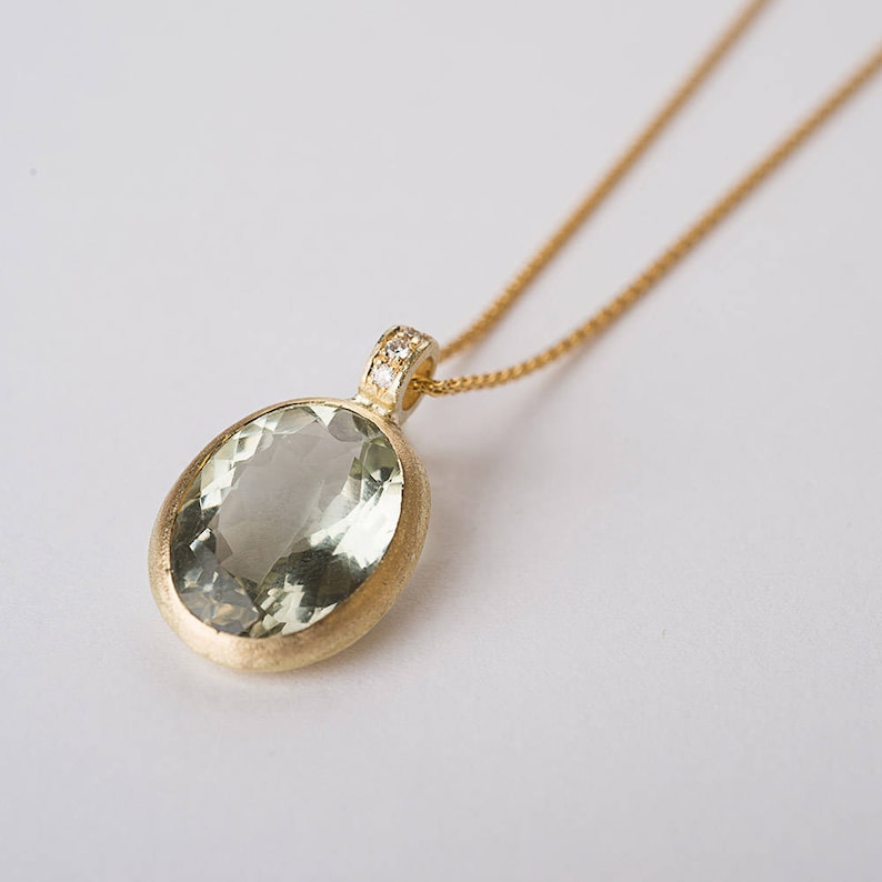 14k gold Green amethyst necklace, 14k gold pendant necklace, Diamonds pendant, 14k gold wheat necklace, image 1