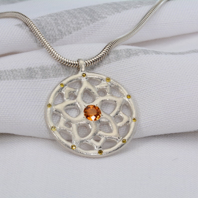 Sterling silver Mandala Pendant Necklace, Yellow Sapphire and diamonds Pendant, Silver cluster Mandala Necklace image 1