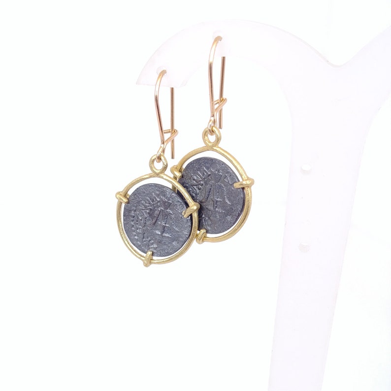 Ancient roman coin earrings, 18k gold dangle earrings, Gold oxidized silver coin earrings, Gold black drop earrings, Minimal gold earrings image 3