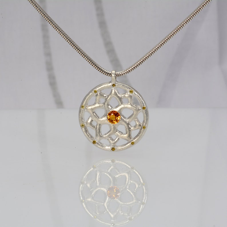 Sterling silver Mandala Pendant Necklace, Yellow Sapphire and diamonds Pendant, Silver cluster Mandala Necklace image 3