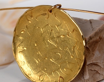 18k gold engraved pendant, Gold Circle large pendant, Gold coin shape pendant necklace
