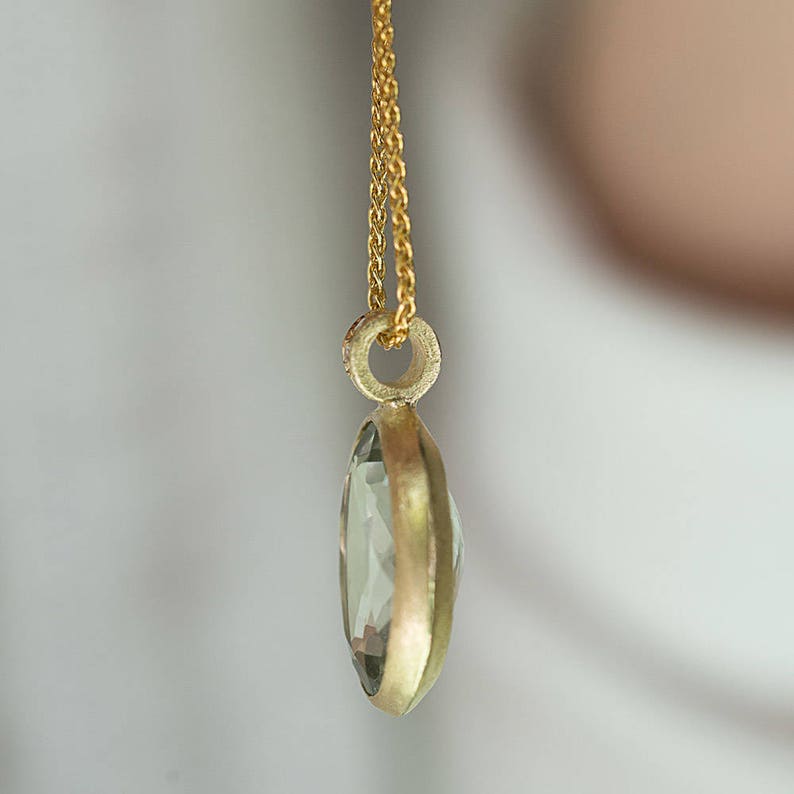 14k gold Green amethyst necklace, 14k gold pendant necklace, Diamonds pendant, 14k gold wheat necklace, image 5