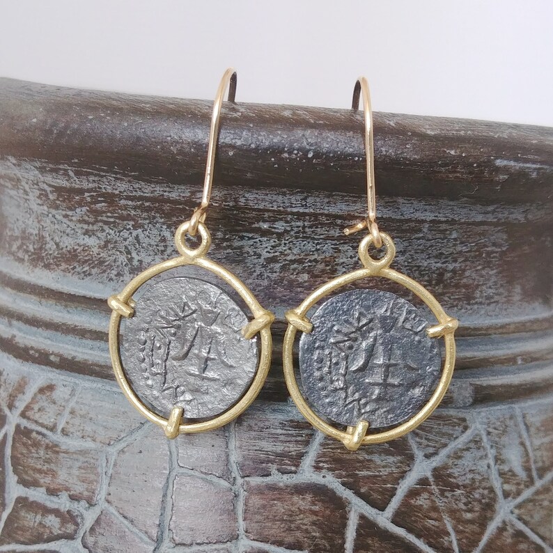 Ancient roman coin earrings, 18k gold dangle earrings, Gold oxidized silver coin earrings, Gold black drop earrings, Minimal gold earrings image 2