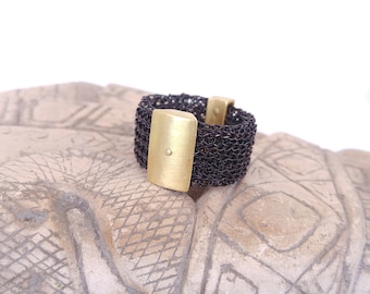 18k Gold black ring, Gold woven metal ring, 18k Gold crochet ring, 18k gold copper band