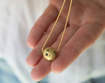 Small minimal gold ball pendant necklace, Gold Natural black diamonds pendant, 18k gold pendant necklace, Pendant  charm necklace