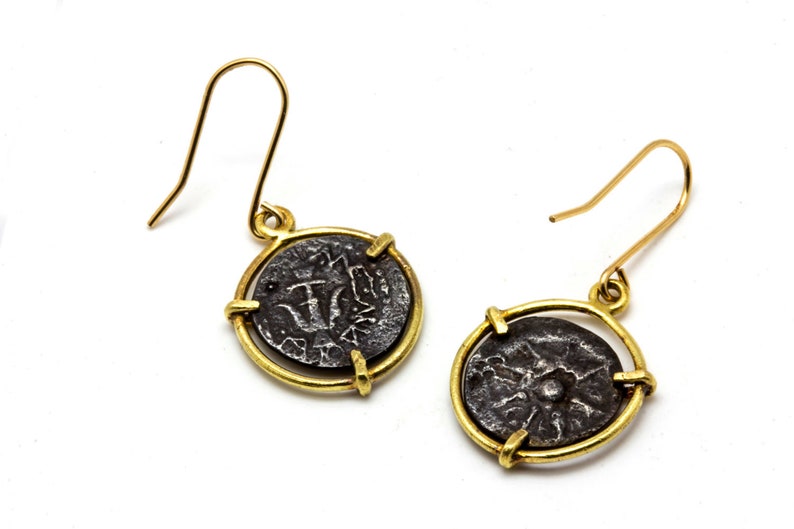 Ancient roman coin earrings, 18k gold dangle earrings, Gold oxidized silver coin earrings, Gold black drop earrings, Minimal gold earrings image 7