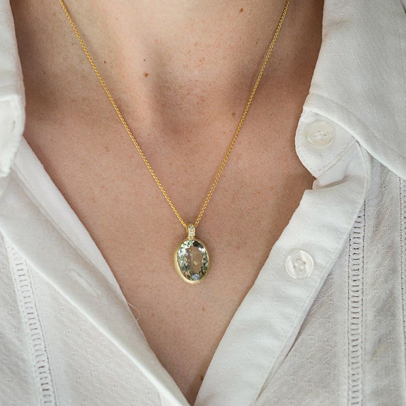 14k gold Green amethyst necklace, 14k gold pendant necklace, Diamonds pendant, 14k gold wheat necklace, image 3