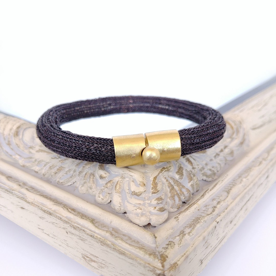 18k Gold Woven Metal Bracelet 18k Gold Black Crochet Etsy