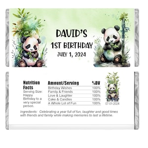 Panda Personalized Candy Wrappers, Kids Birthday Party Favors, Pack of 20 Custom Chocolate Bar Labels, WRAPPERS ONLY