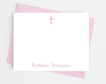 Religious Cross Personalized Note Cards, Custom Catholic Stationery, Christian Gift, Stationery Set of 12 Flat Note Cards with Envelopes
