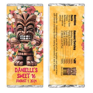 May include: A chocolate bar wrapper with a tropical theme. It features a tiki idol with a lei of flowers and the text "DANIELLE'S SWEET 16 AUGUST 1, 2024".