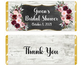 Rustic Floral Candy Bar Wrappers for Chocolate, Personalized Bridal Shower Party Favor, Custom Hershey Bar Labels, Pack of 20, WRAPPERS ONLY