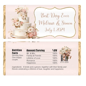 Wedding Cake Personalized Candy Wrappers, Bridal Shower Party Favors, Pack of 20 Custom Chocolate Bar Labels for Hershey Bars, WRAPPERS ONLY