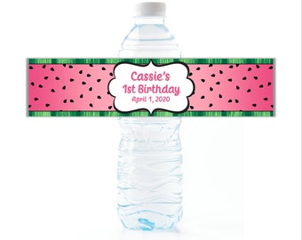Watermelon Water Bottle Labels, Personalized Printed Waterproof Peel and Stick Wrappers for Water, Kids Birthday Party Favors