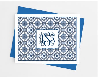 Blue Monogram Note Cards with Envelopes, Personalized Stationery Set, Moroccan Tile Pattern, Pack of 10 Folded Notecards