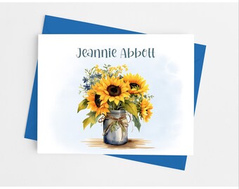 Sunflower Bouquet Note Cards with Envelopes, Personalized Floral Stationery Set for Women, Pack of 10 Folded Notecards