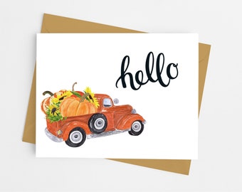 Pumpkin Pick Up Truck Note Cards with Envelopes, Hello Stationary Note Cards, Rustic Fall Stationery, Pack of 10