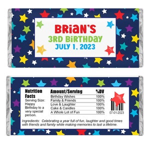 Personalized Candy Wrappers for Chocolate, Star Party Favors for Any Occasion, Custom Hershey Bar Labels. Pack of 20, WRAPPERS ONLY