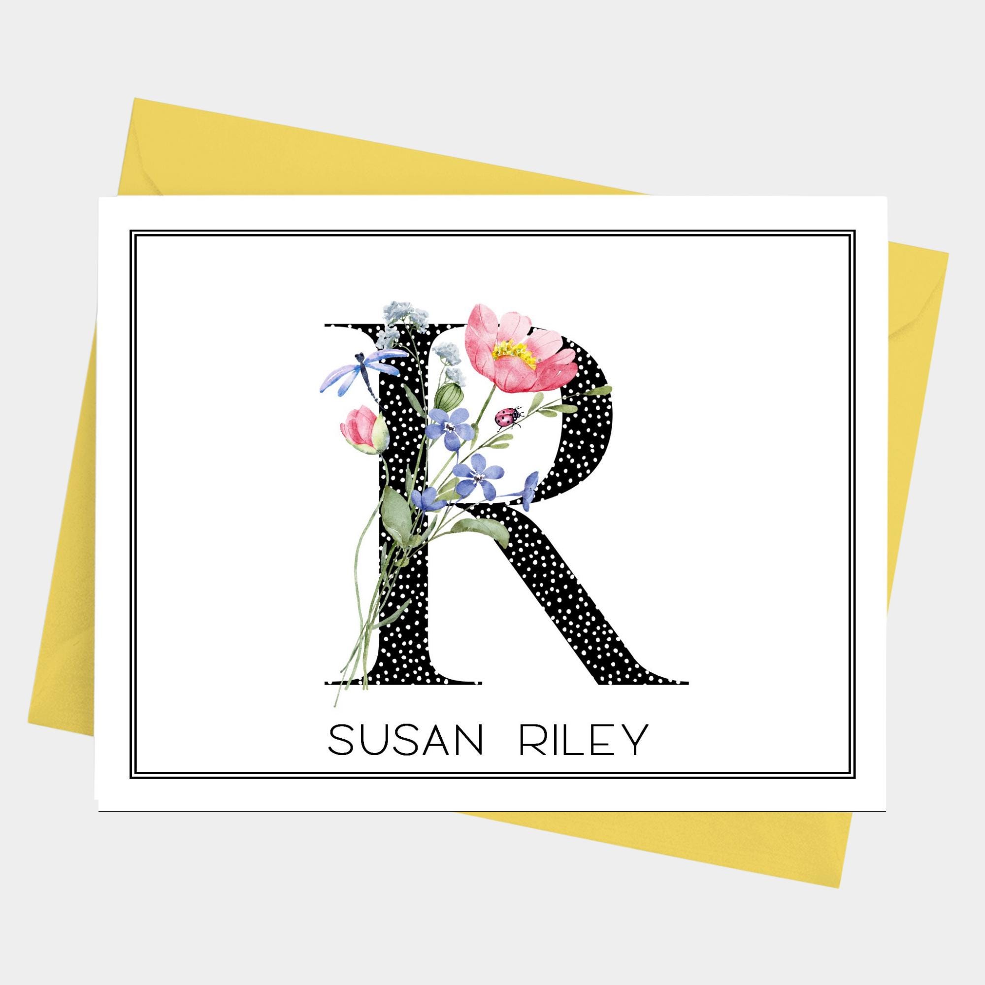Floral Single Initial Monogram Note Cards With Envelopes, Personalized ...