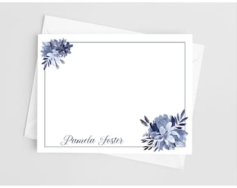 Blue Floral Personalized Stationery Note Cards, Flat Note Cards with Envelopes, Stationary Set for Women, Pack of 12