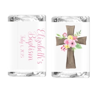 Mini Personalized Candy Wrappers, Religious Party Favors, Floral Cross, DIGITAL DOWNLOAD, Custom Editable Miniature Label
