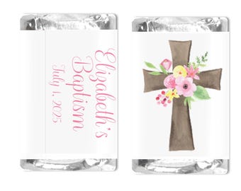 Mini Personalized Candy Wrappers, Religious Party Favors, Floral Cross, DIGITAL DOWNLOAD, Custom Editable Miniature Label