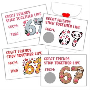 May include: Four white cards with the text "GREAT FRIENDS STICK TOGETHER LIKE" and "FROM:" are displayed. Each card features a different animal illustration: a koala, a panda, a giraffe, and a sloth. The number "67" is also present on each card.