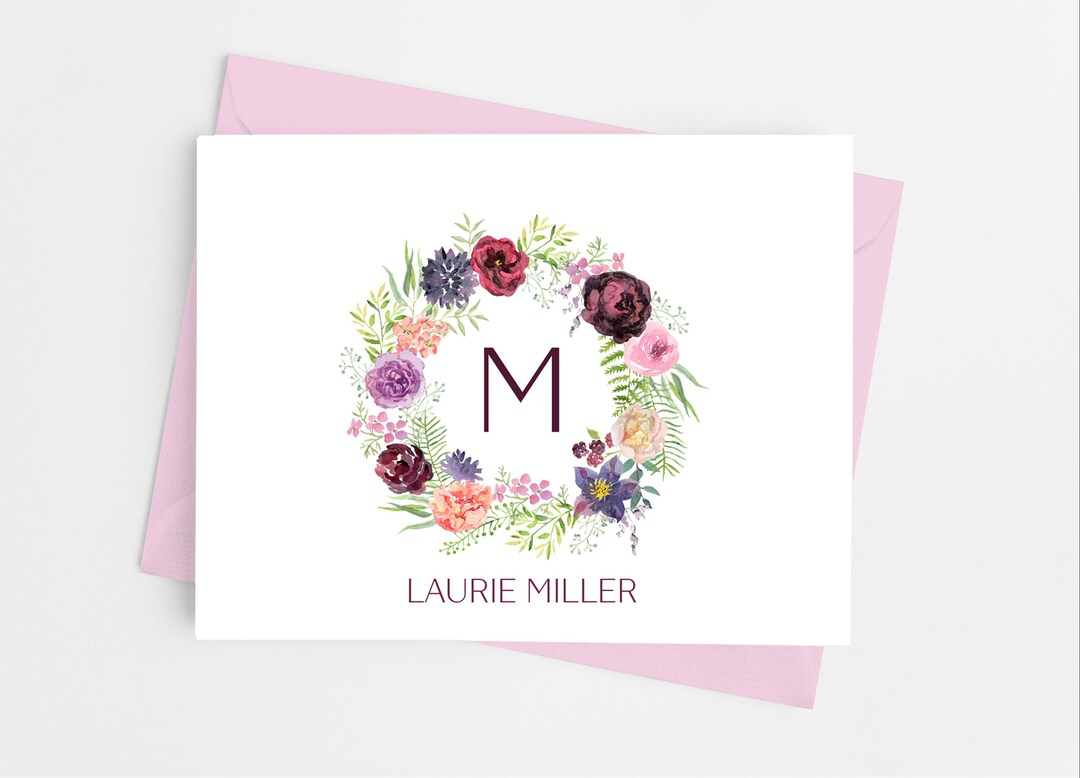 Floral Wreath Monogram Personalized Blank Folded Note Cards With ...