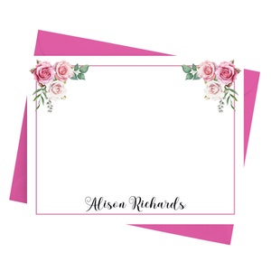 Pink Rose Note Cards With Envelopes, Personalized Floral Stationery Set ...