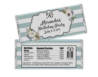 Floral Milestone Birthday Party Favors, Personalized Candy Wrappers, Pack of 20 Chocolate Bar Labels