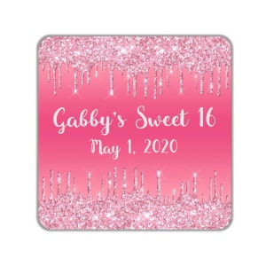 Pink Glitter Drip Party Favor Stickers OR Tags, Personalized Labels for Birthday Party Favors, Choose Sticker or Tag, Pack of 24